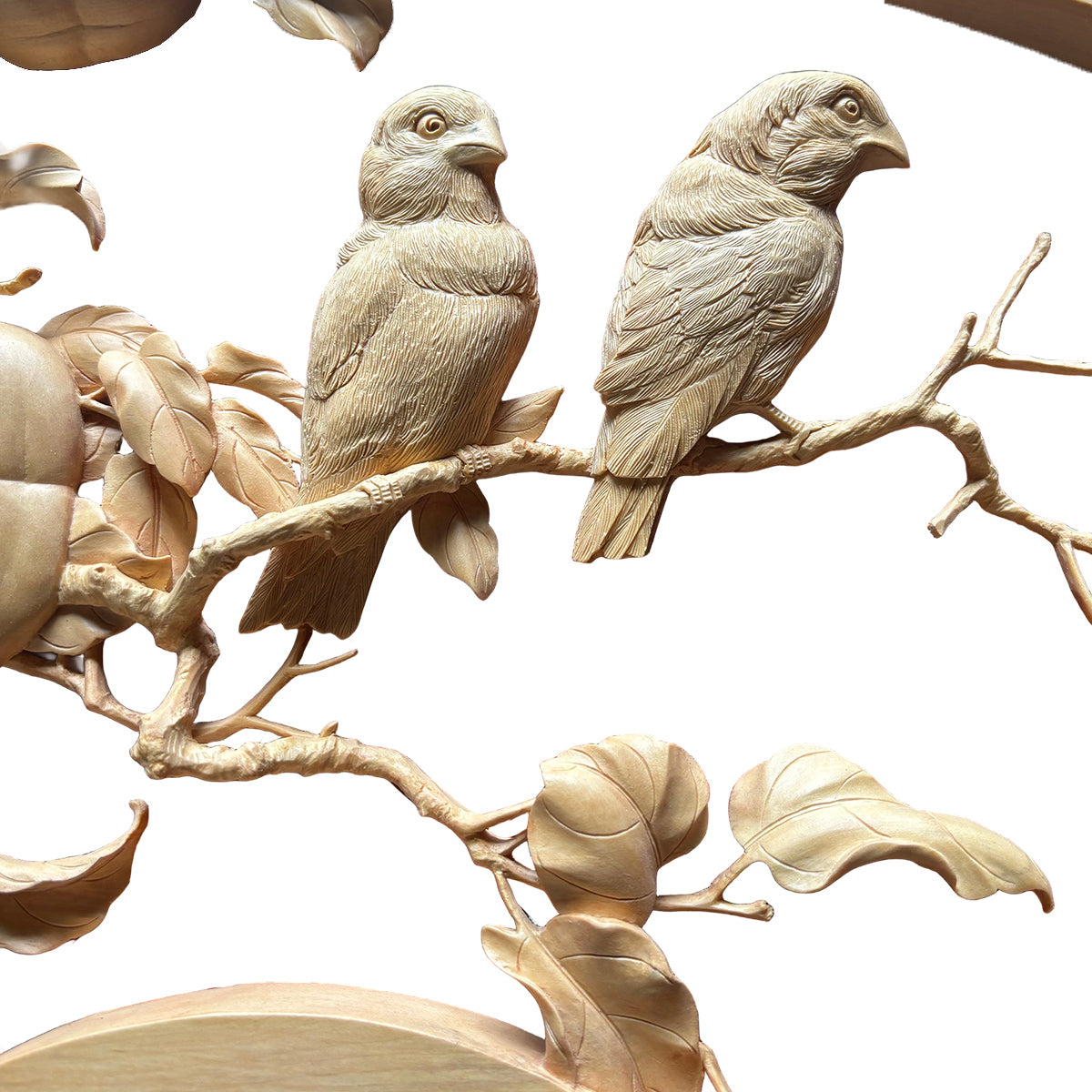 Hand-Carved Relief: Lovebirds on a Branch, United Gaze