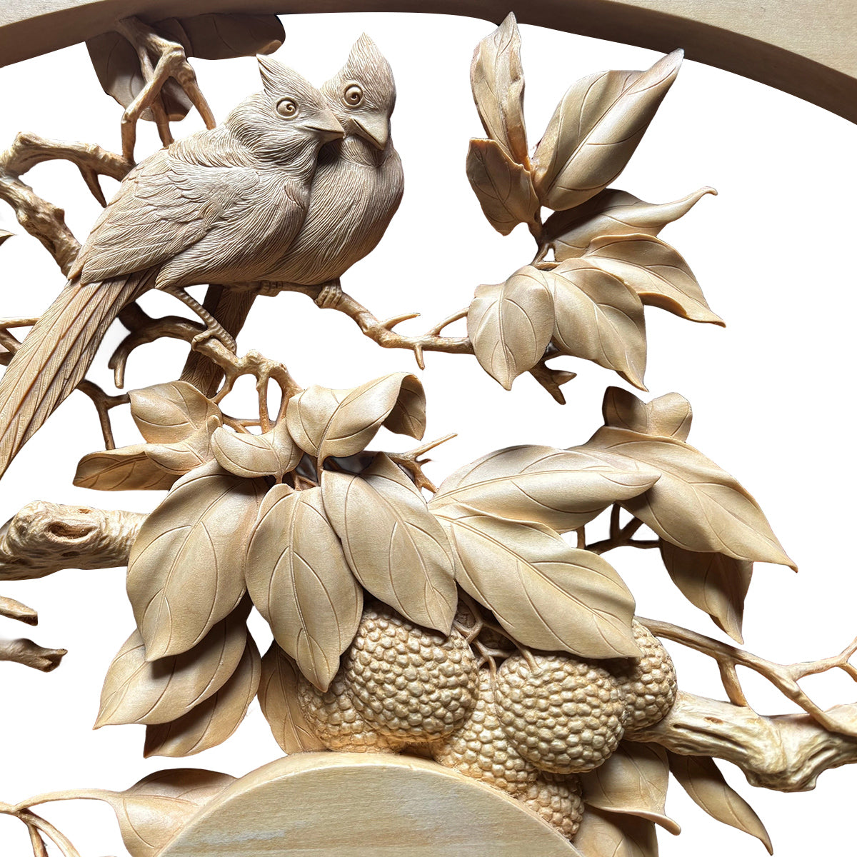 Fruits of Love: Hand-Carved Birds Sharing on a Branch