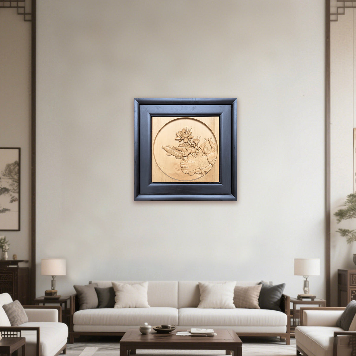 Hand-Carved Pictures of Fish and Lotus Flowers