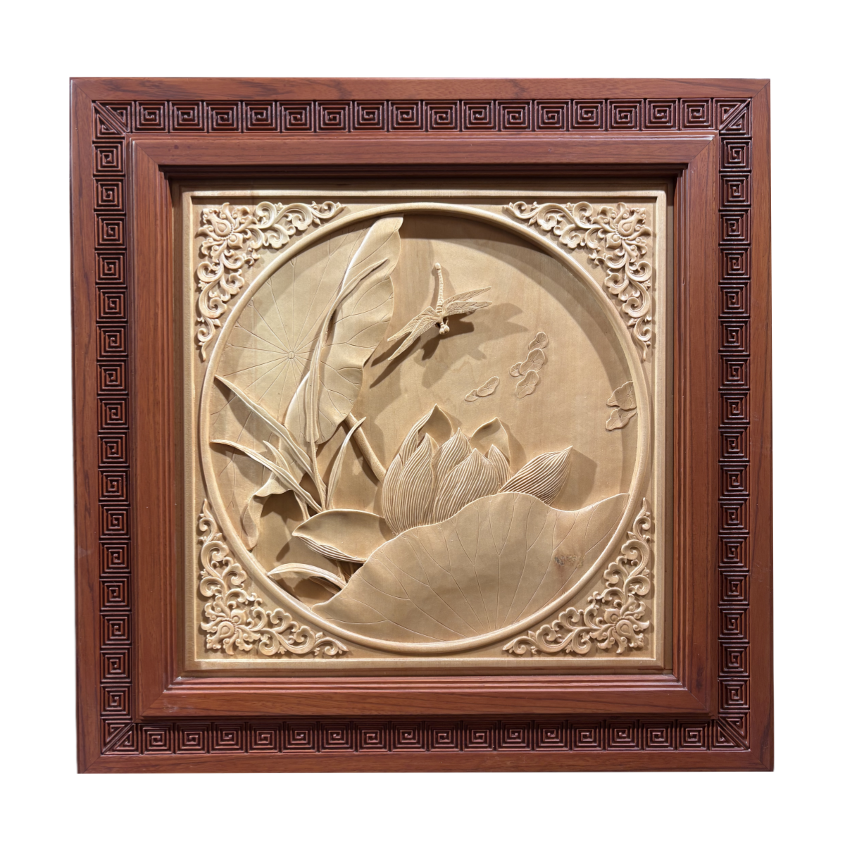 Hand-Carved Wooden Lotus and Dragonfly Wall Art