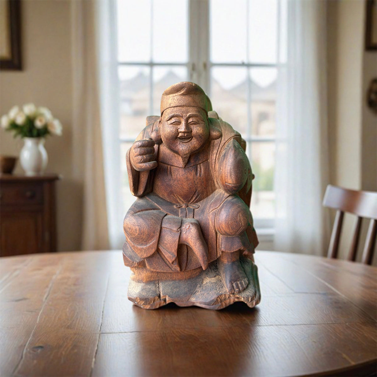 Hand-Carved Wooden Japanese God of Wealth Ebisu Figurine