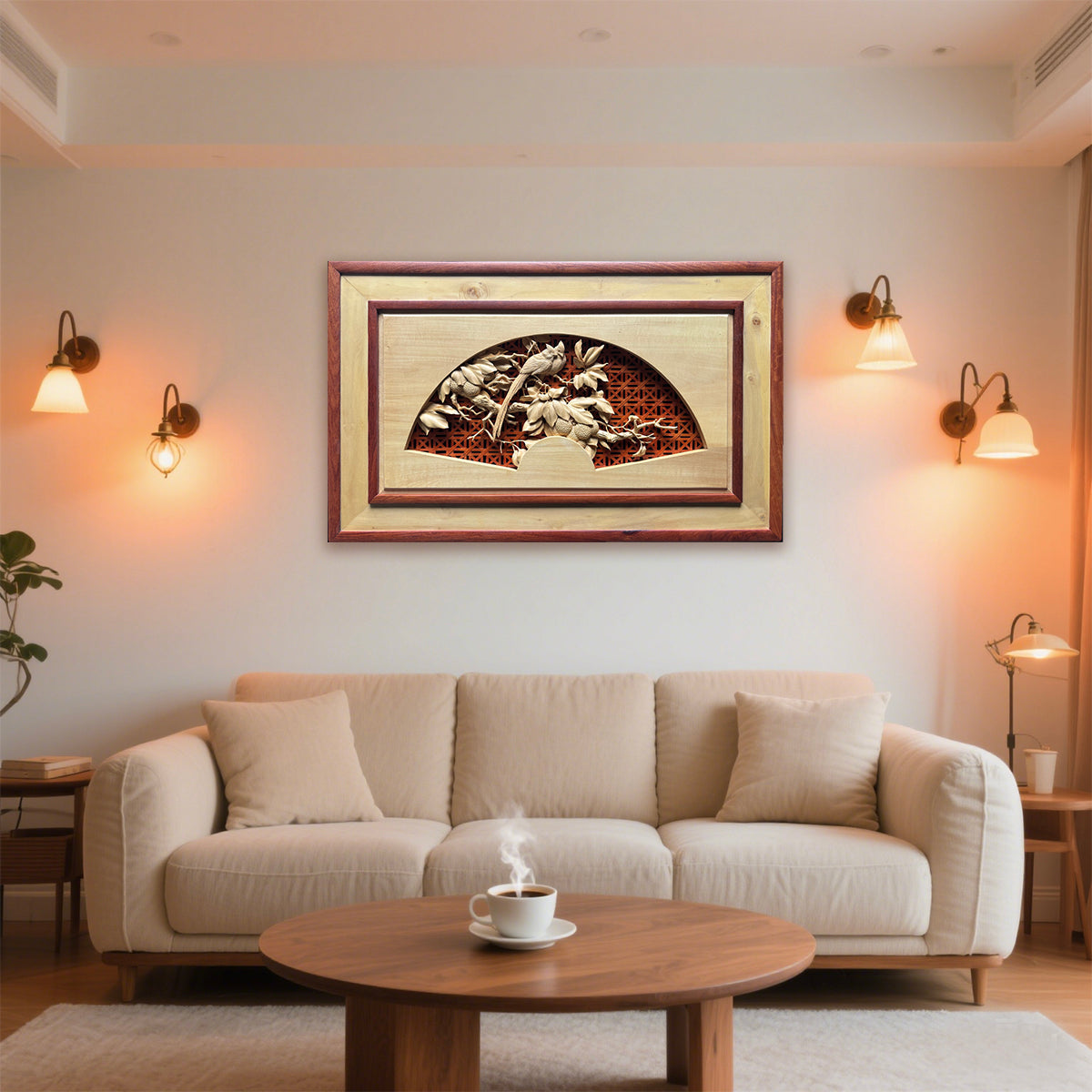 Fruits of Love: Hand-Carved Birds Sharing on a Branch