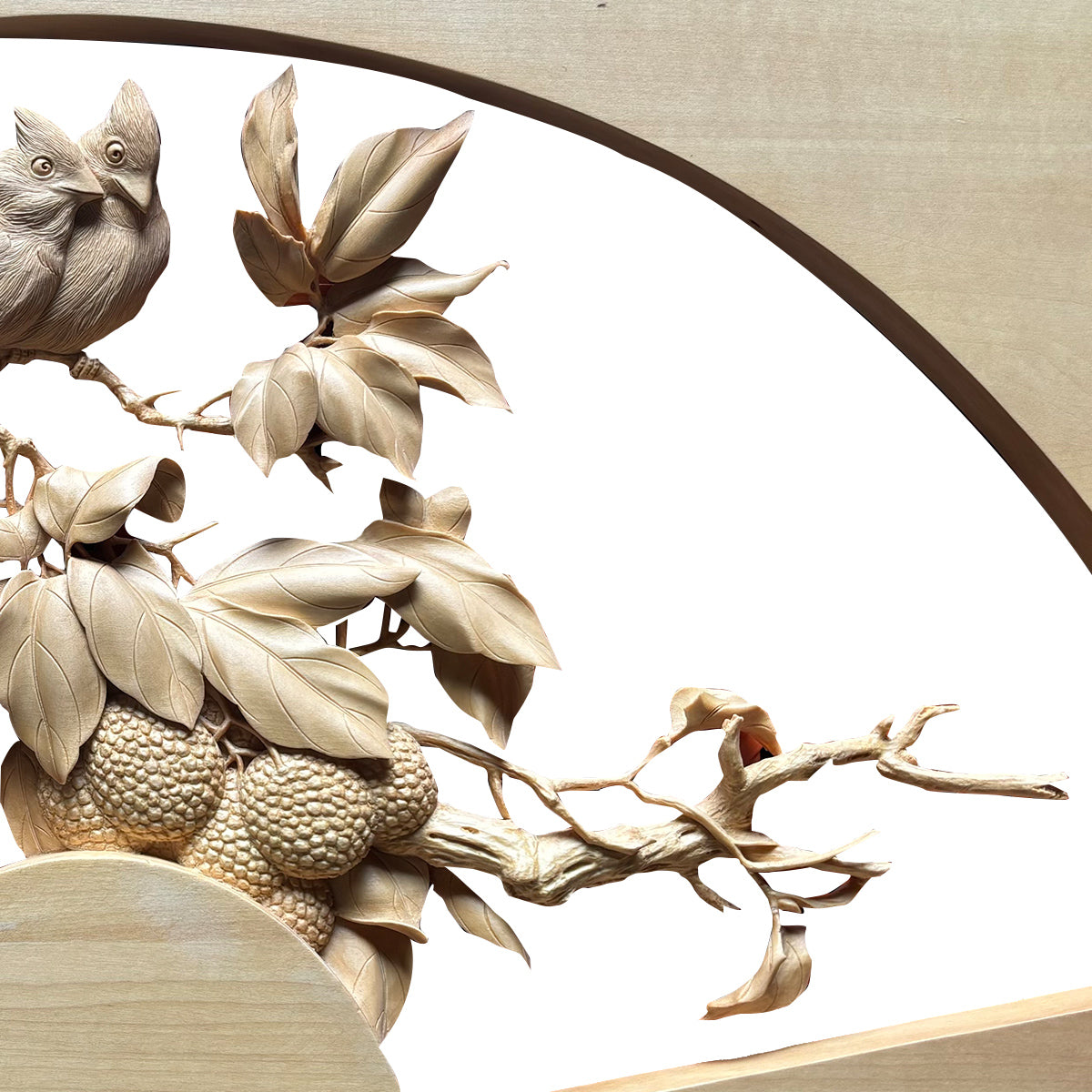 Fruits of Love: Hand-Carved Birds Sharing on a Branch