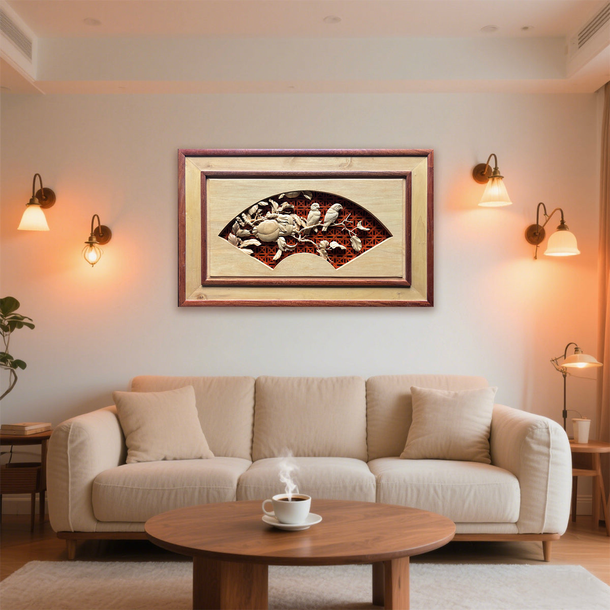 Hand-Carved Relief: Lovebirds on a Branch, United Gaze