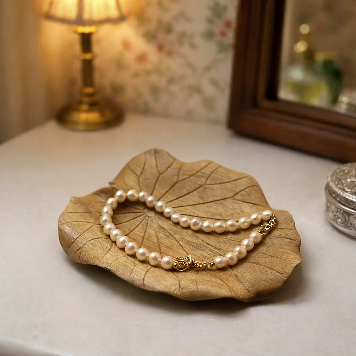Lotus Leaf Carved Wooden Jewellery Dish