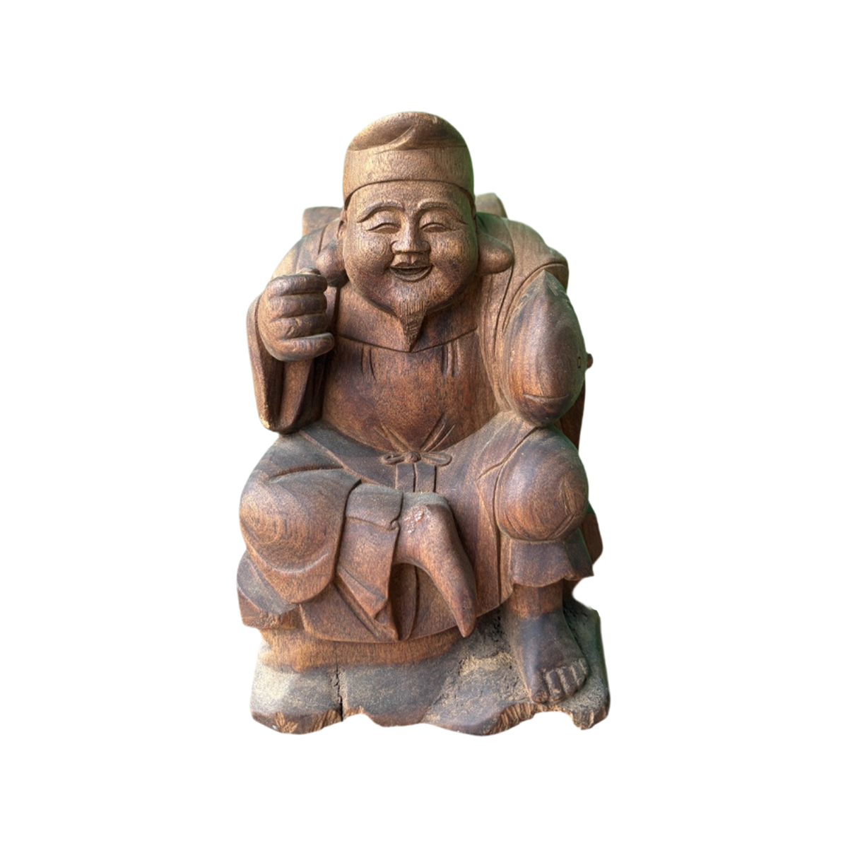 Hand-Carved Wooden Japanese God of Wealth Ebisu Figurine