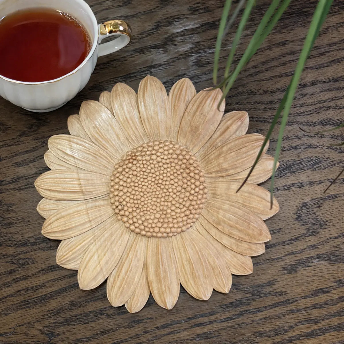 Hand-Carved Wooden Daisy Coaster