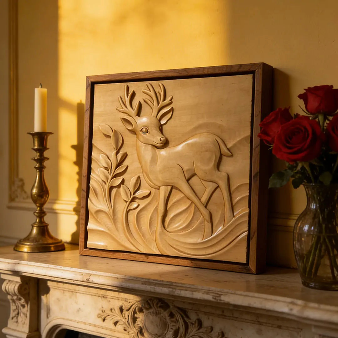 Hand-Carved Deer Art Panel
