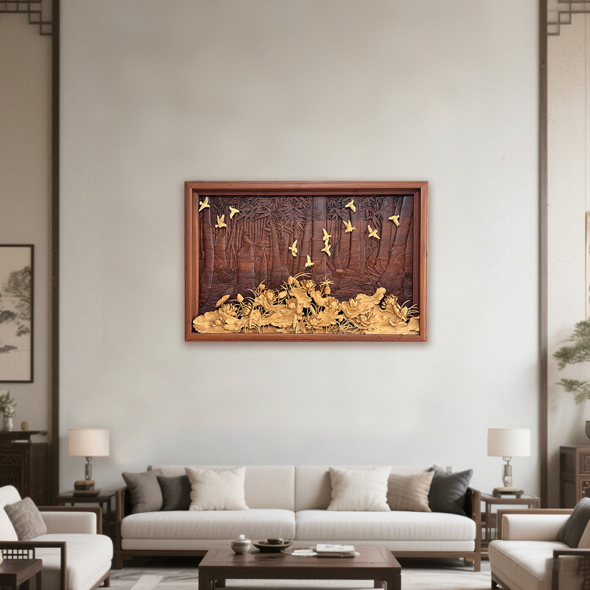 Hand-Carved Wooden Wall Art：Bamboo's Strength, Lotus's Beauty, Birds' Joy