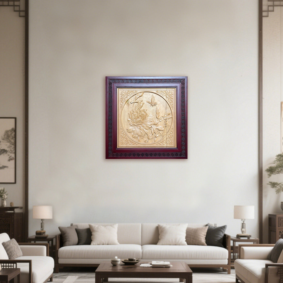 Hand-Carved Wooden Peony and Butterfly