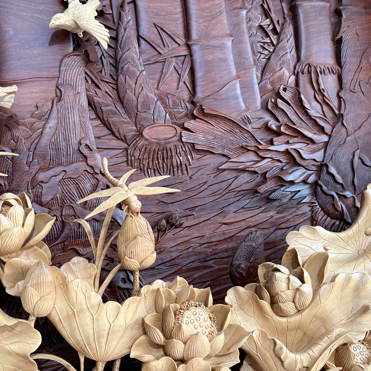 Hand-Carved Wooden Wall Art：Bamboo's Strength, Lotus's Beauty, Birds' Joy