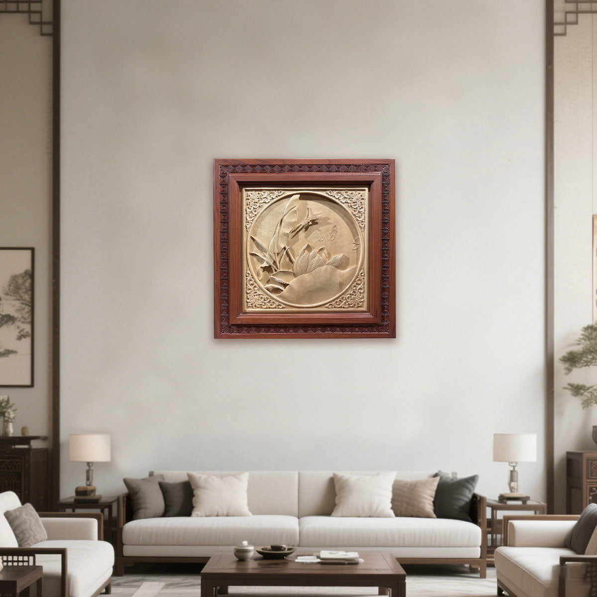 Hand-Carved Wooden Lotus and Dragonfly Wall Art