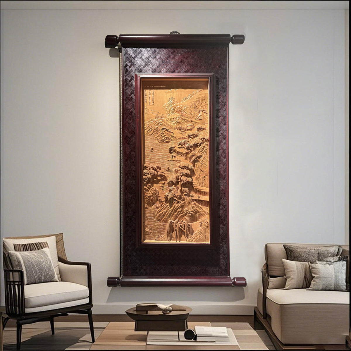 Hand-Crafted Wooden Scroll: Tranquil Waterscape with Mountains