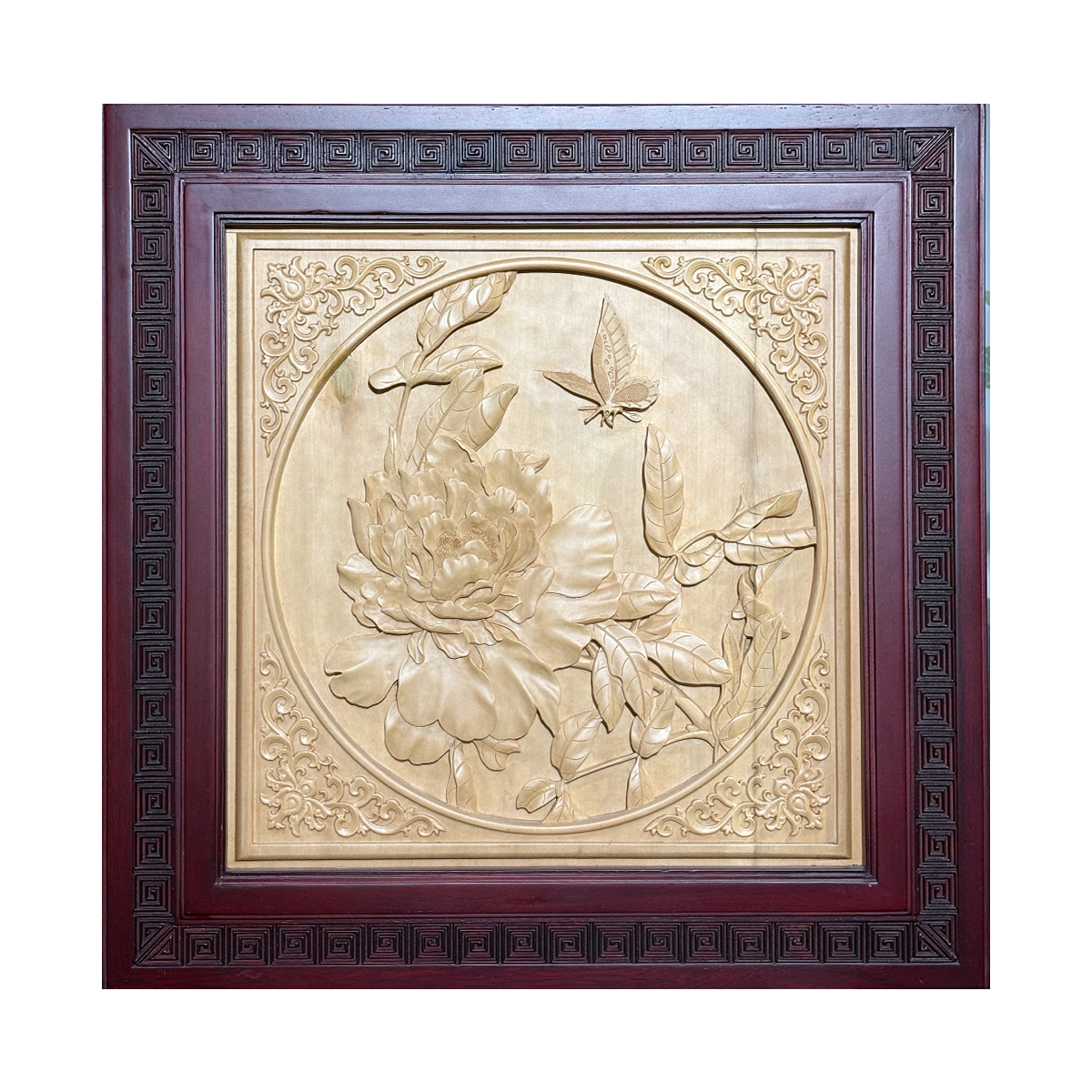 Hand-Carved Wooden Peony and Butterfly