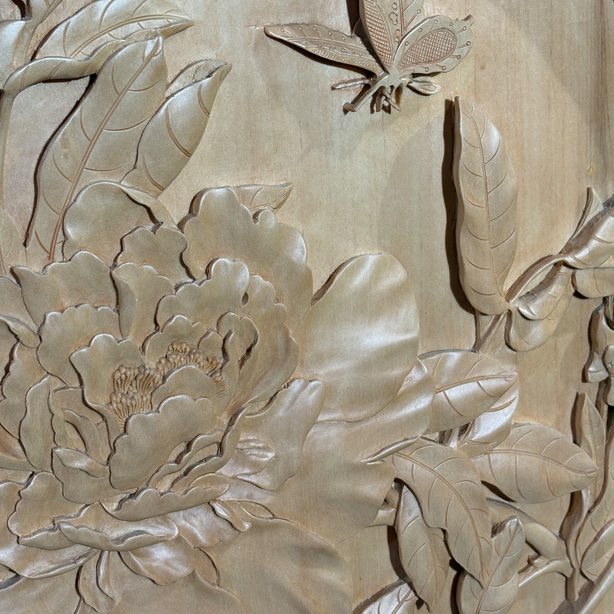 Hand-Carved Wooden Peony and Butterfly