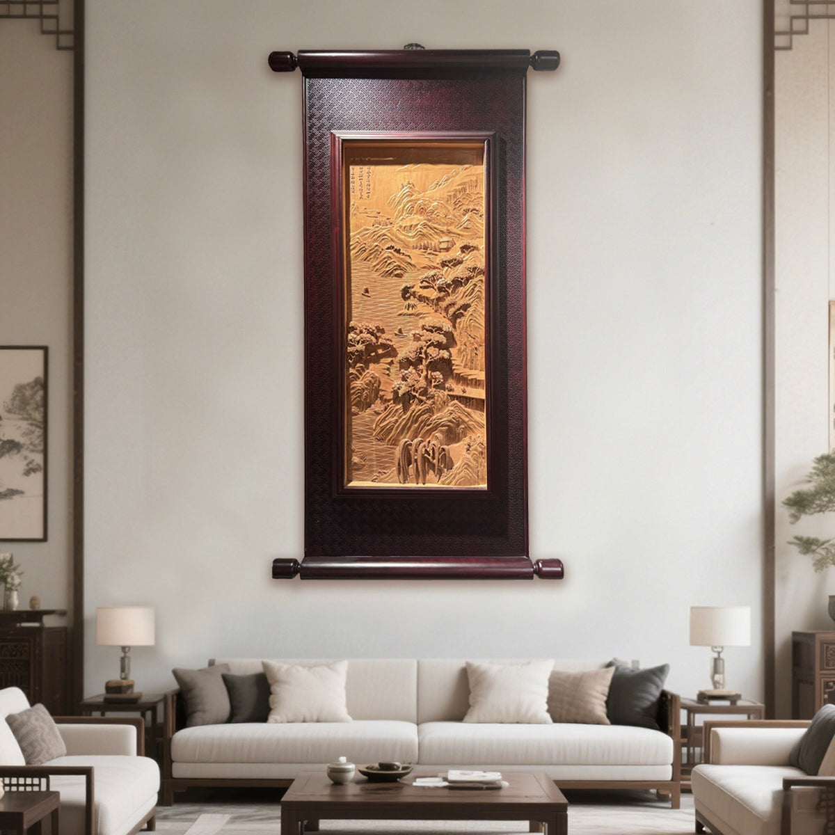 Hand-Crafted Wooden Scroll: Tranquil Waterscape with Mountains