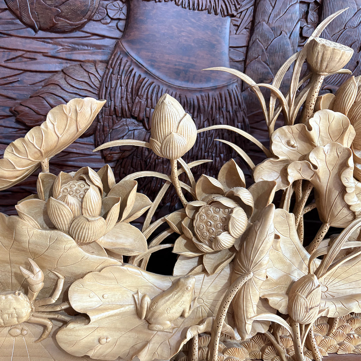 Hand-Carved Wooden Wall Art：Bamboo's Strength, Lotus's Beauty, Birds' Joy