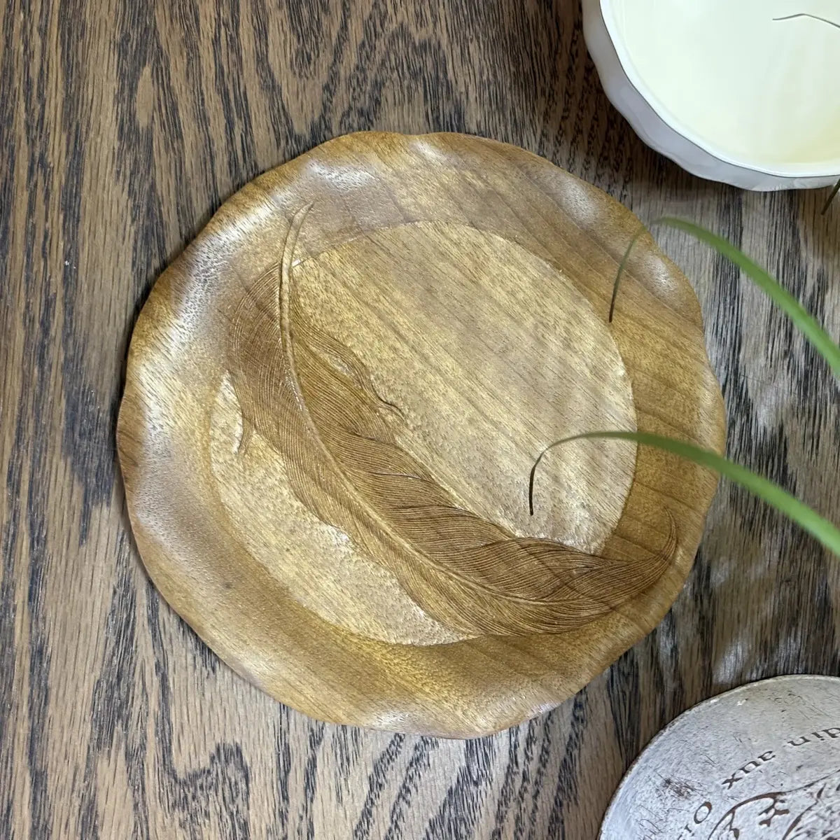 Hand-Carved Wooden Feather Coaster