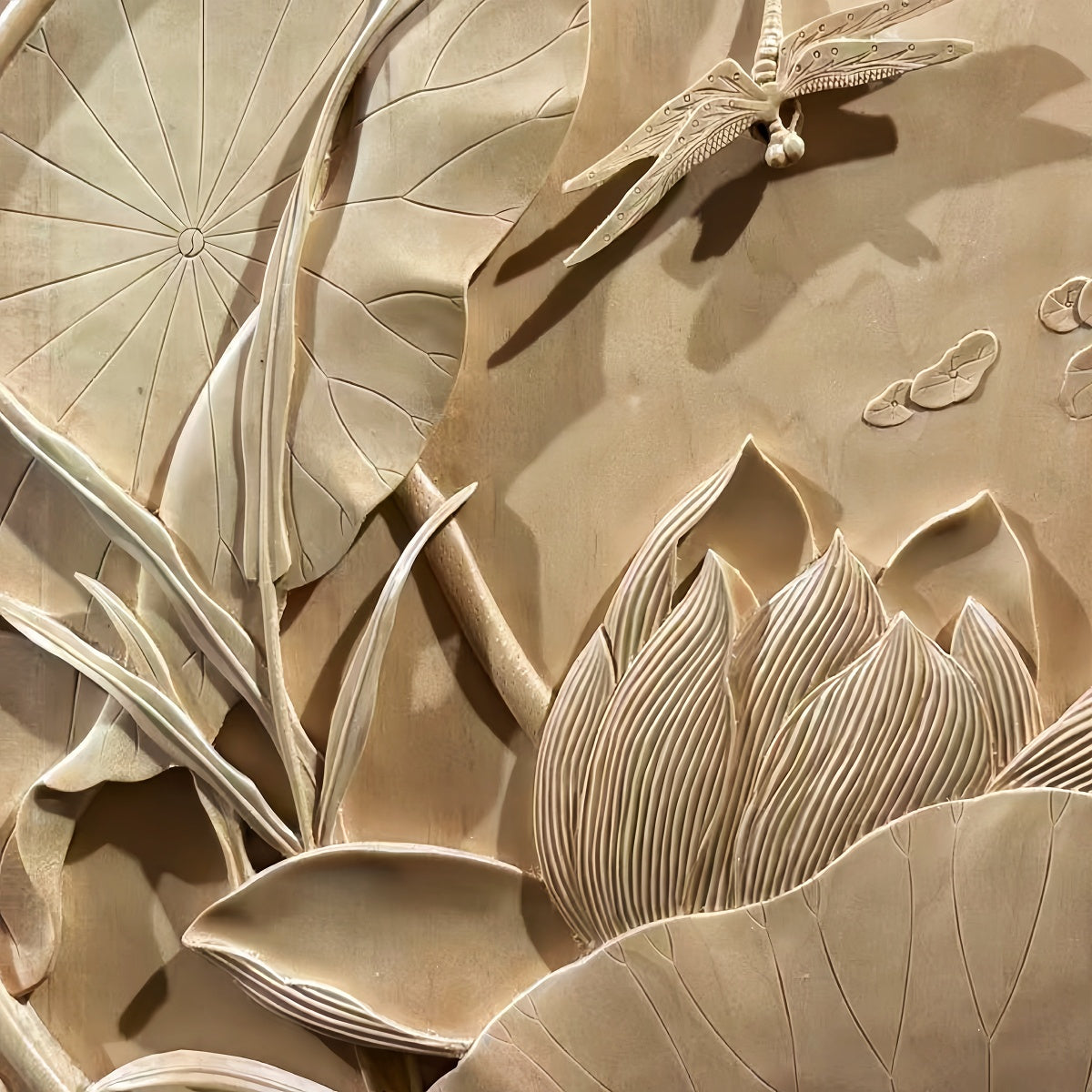 Hand-Carved Wooden Lotus and Dragonfly Wall Art