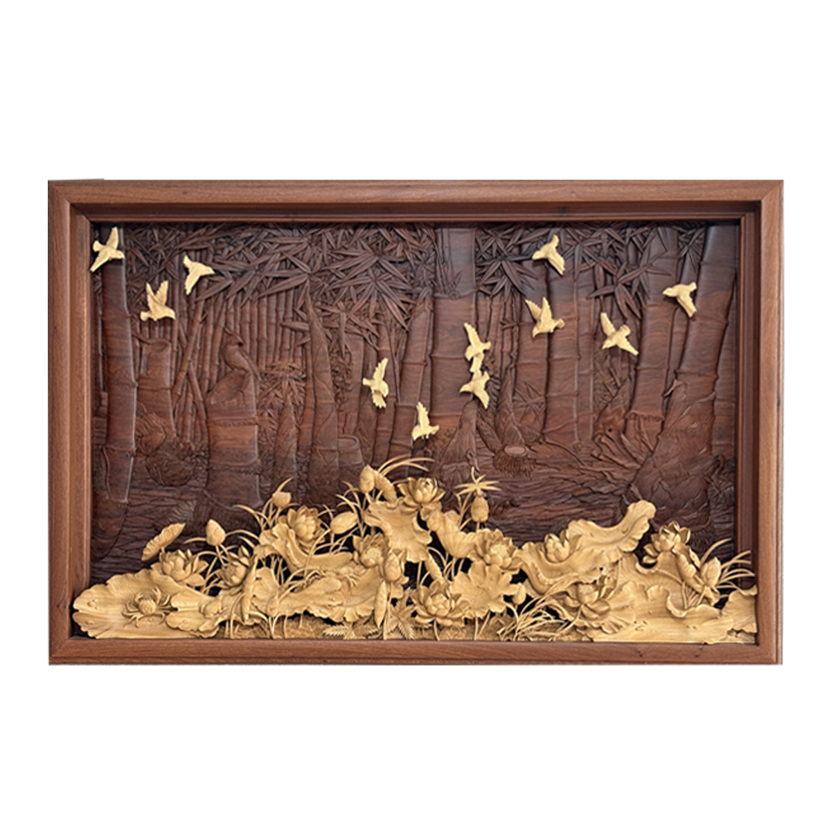 Hand-Carved Wooden Wall Art：Bamboo's Strength, Lotus's Beauty, Birds' Joy