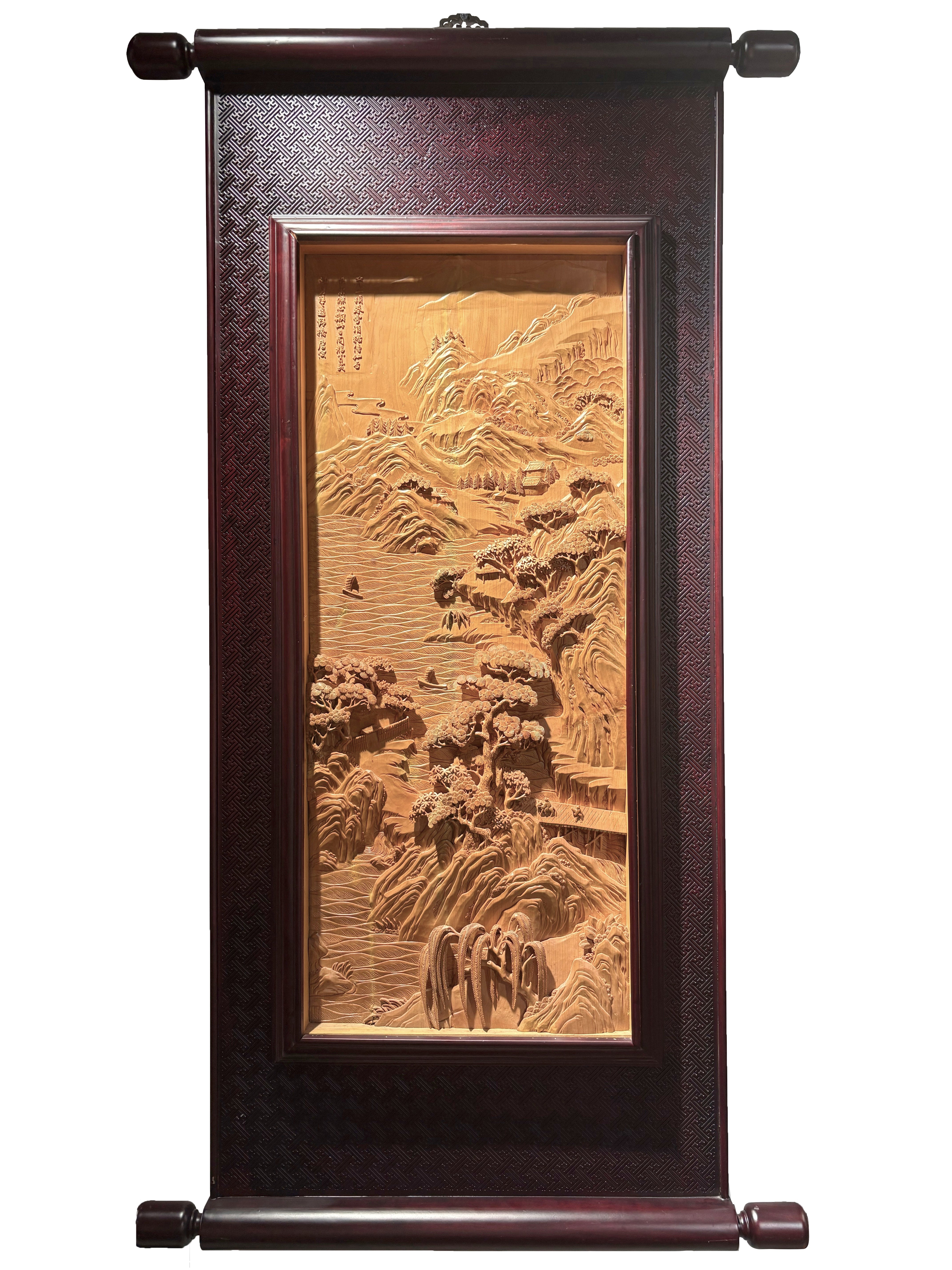 Hand-Crafted Wooden Scroll: Tranquil Waterscape with Mountains